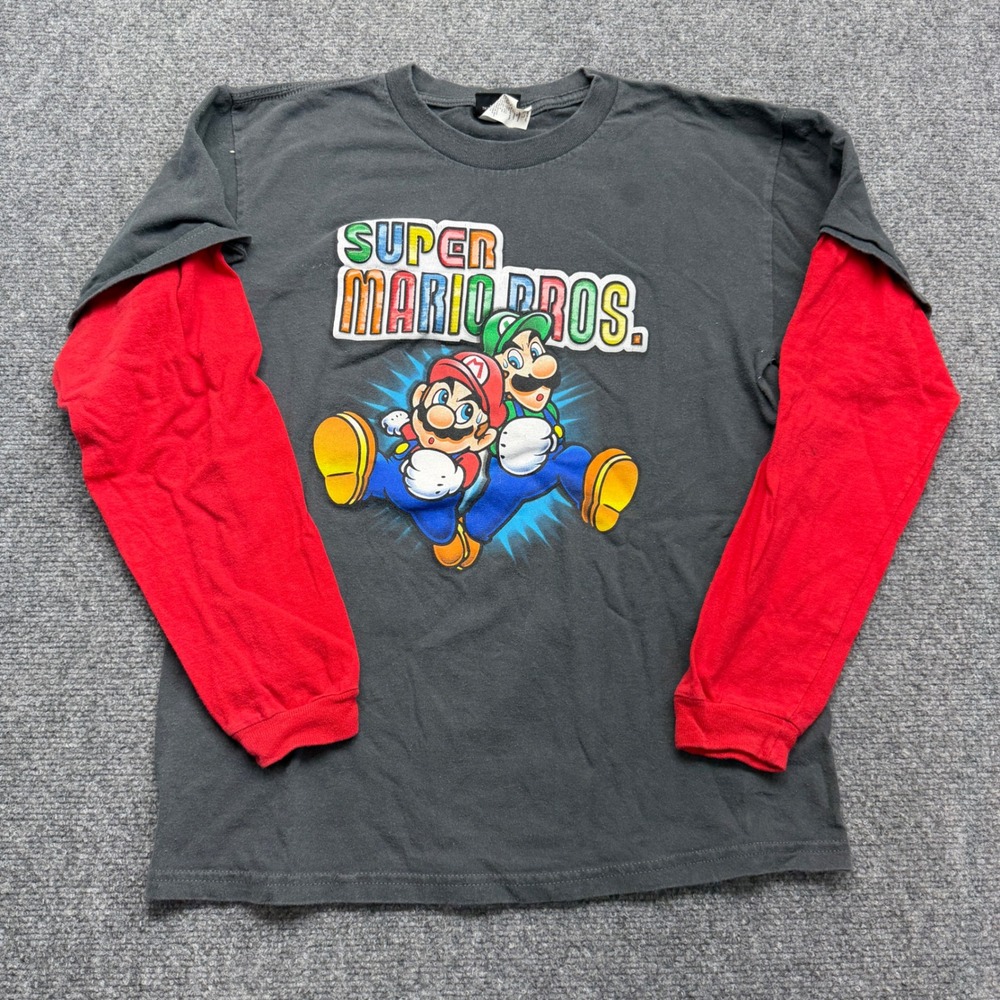 Y2K Nintendo Super Mario Bros Kids Large 12/14 Layered Long Sleeve Shirt Grey